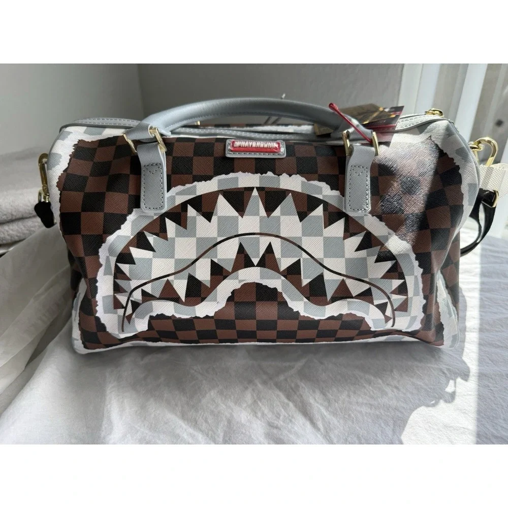 Sprayground Shark Legacy Mini Duffle Bag Brown Checkered Limited Edition NWT